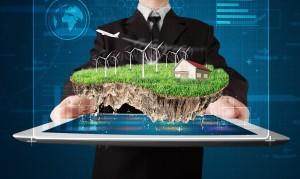 Businessman presenting a perfect ecology land with a house and w