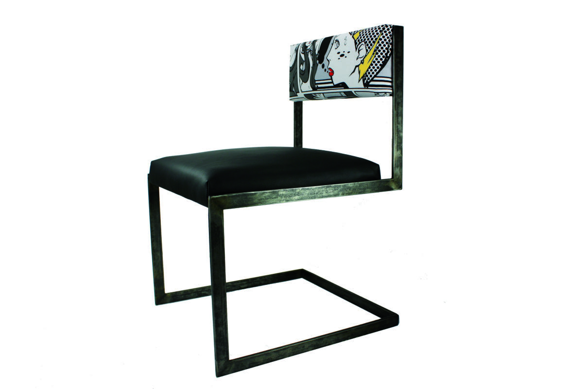 Krzesło TEAM – idealne połączenie graficznej linii stali, kolorowego komiksu i czarnej skóry.