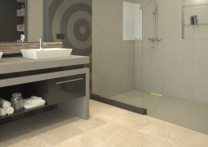 Aranżacja łazienki z odpływem ściennym Scada LED z pokrywą do wklejenia płytki