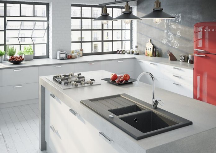 FERRO_Bateria zlewozmywakowa stojąca Brado; Zlewozmywak półtorakomorowy 91x52 cm, grafitowy OZZY