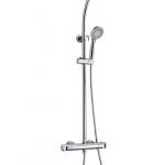 System natryskowy TEKA MNACOR z ultrapłaską głowicą natryskową o Ø 25 cm, 3-strumieniową rączką natryskową i baterią termostatyczną. Dodatkowo system Safe Touch i blokada bezpieczeństwa 38°C.